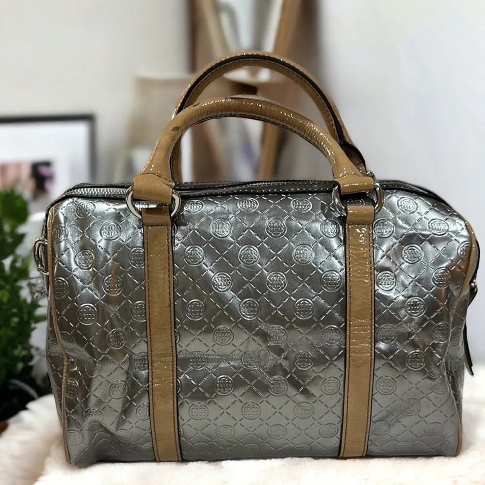 Dana Buchman gray silver satchel bag w/tan patent leather trim & handles